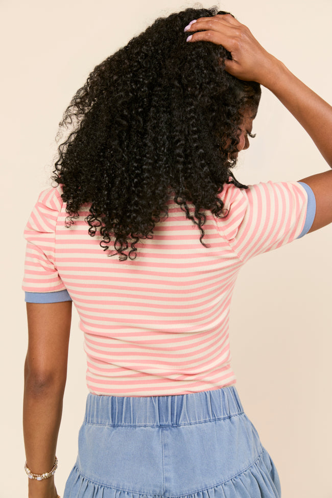 Hagan Gathered Short Sleeve Coral Stripe Knit Tee-Sunny Prom