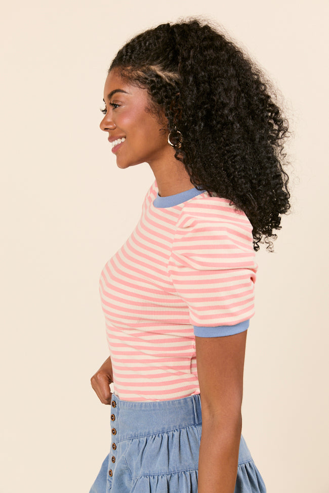 Hagan Gathered Short Sleeve Coral Stripe Knit Tee-Sunny Prom