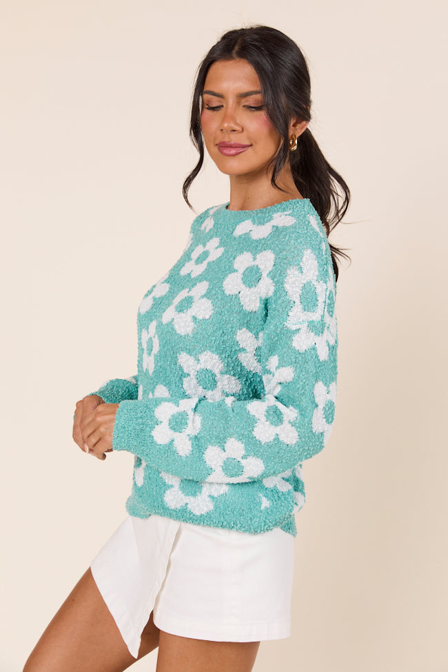 Teagan Long Sleeve Blue Floral Print Sweater-Sunny Prom