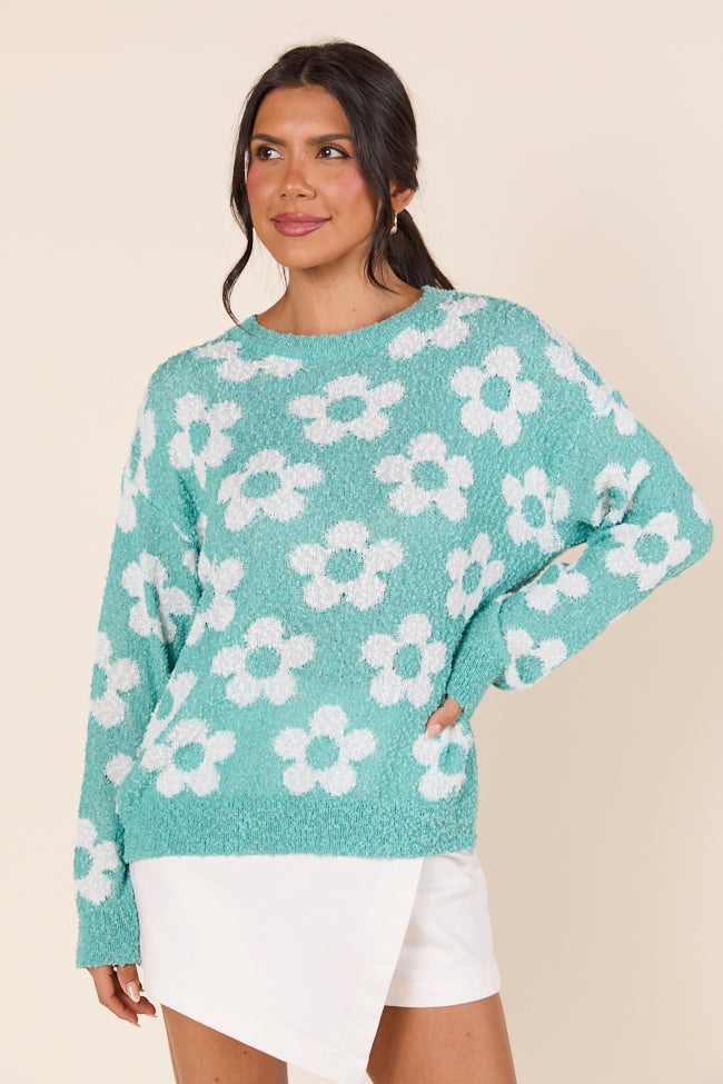 Teagan Long Sleeve Blue Floral Print Sweater-Sunny Prom