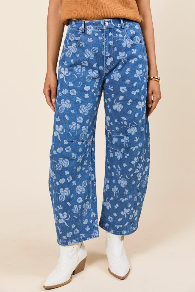 Katie Floral Printed Denim Barrel Jeans-Sunny Prom
