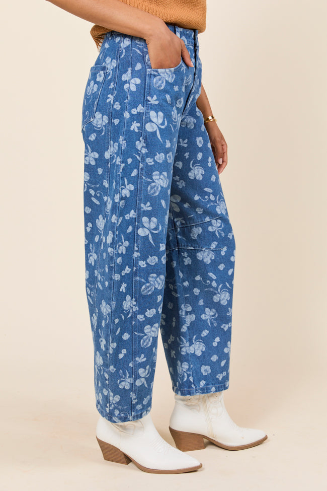 Katie Floral Printed Denim Barrel Jeans-Sunny Prom