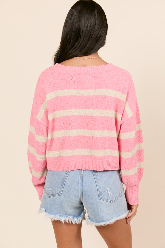 Rosey Long Sleeve Pink Striped Crewneck Sweater-Sunny Prom
