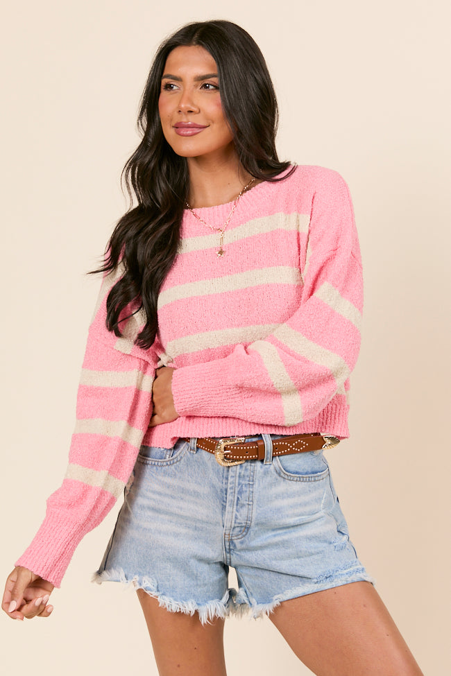 Rosey Long Sleeve Pink Striped Crewneck Sweater-Sunny Prom
