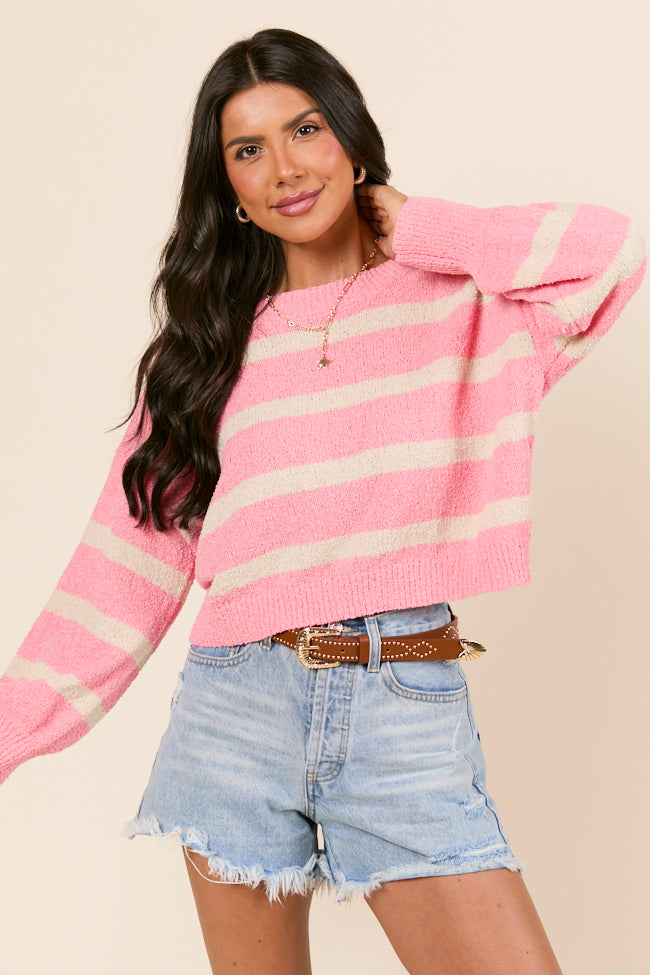 Rosey Long Sleeve Pink Striped Crewneck Sweater-Sunny Prom
