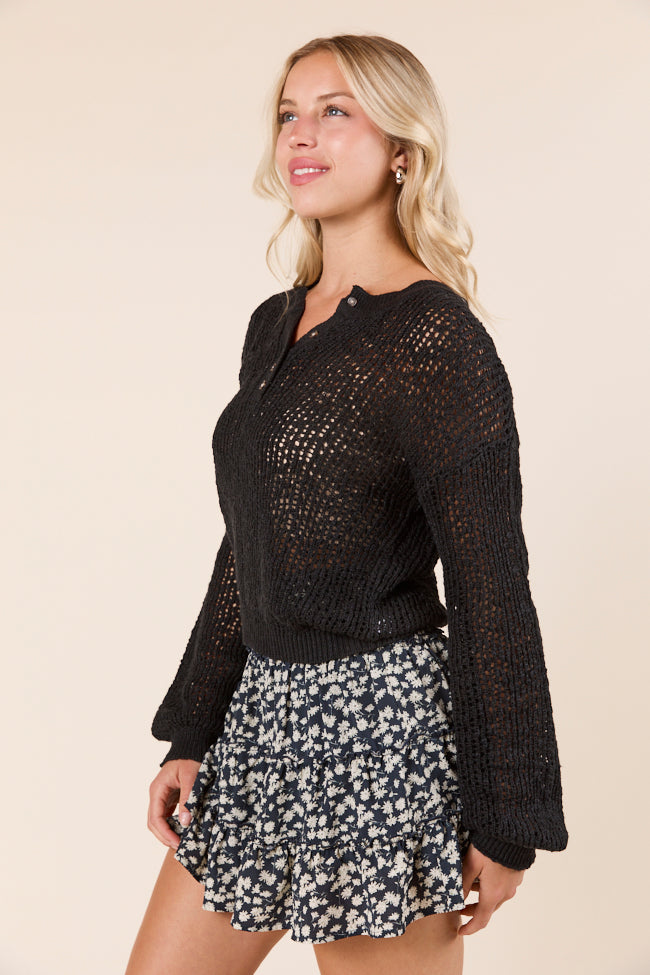 Lotus Long Sleeve Black Open Knit Henley Sweater-Sunny Prom