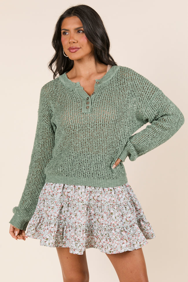 Lotus Long Sleeve Sage Open Knit Henley Sweater-Sunny Prom