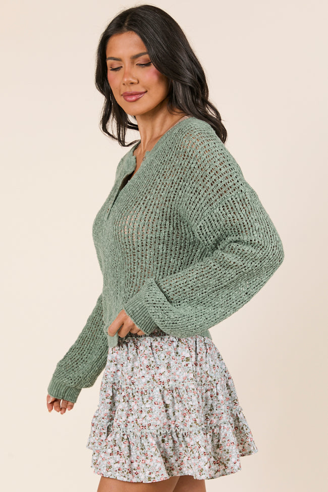 Lotus Long Sleeve Sage Open Knit Henley Sweater-Sunny Prom