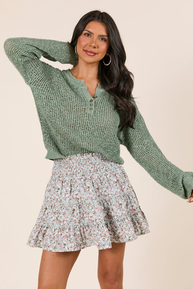 Lotus Long Sleeve Sage Open Knit Henley Sweater-Sunny Prom