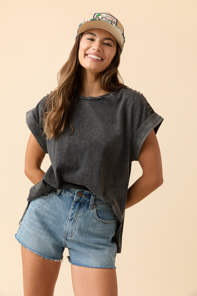 Kamryn Studded Short Sleeve Black Acid Wash Tee-Sunny Prom
