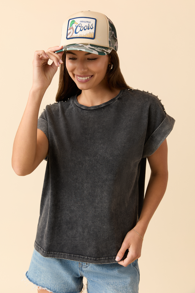 Kamryn Studded Short Sleeve Black Acid Wash Tee-Sunny Prom