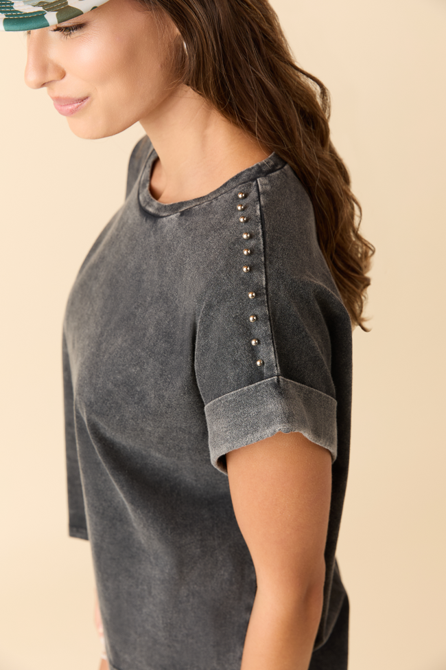 Kamryn Studded Short Sleeve Black Acid Wash Tee-Sunny Prom