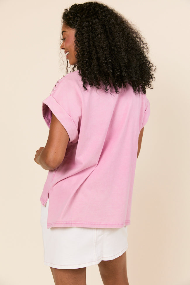 Kamryn Studded Short Sleeve Pink Acid Wash Tee-Sunny Prom