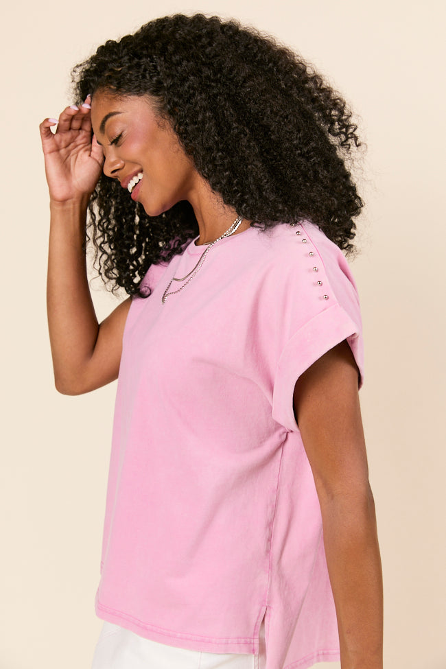 Kamryn Studded Short Sleeve Pink Acid Wash Tee-Sunny Prom