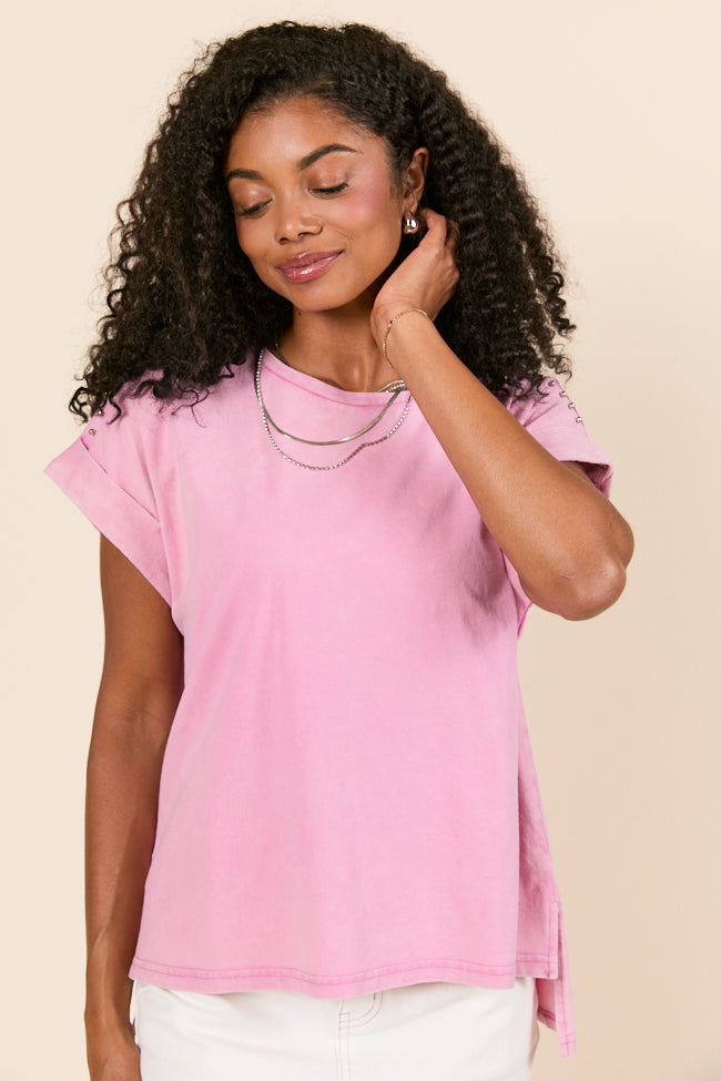 Kamryn Studded Short Sleeve Pink Acid Wash Tee-Sunny Prom