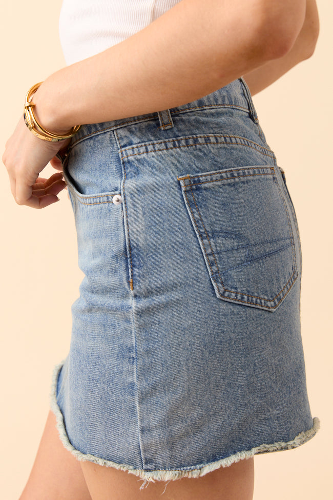 Sarah Frayed Hem Medium Wash Denim Mini Skirt-Sunny Prom