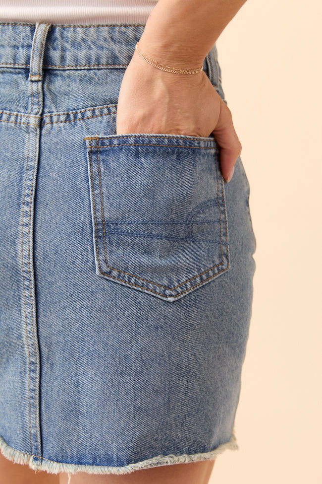 Sarah Frayed Hem Medium Wash Denim Mini Skirt-Sunny Prom