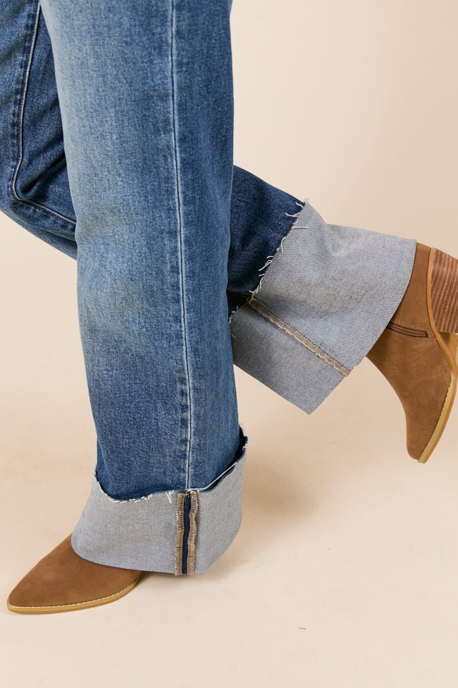 Jolie Dark Wash Mid Rise Wide Flare Cuffed Jeans-Sunny Prom