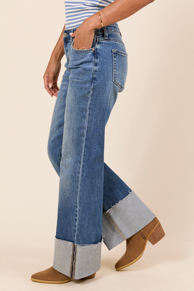 Jolie Dark Wash Mid Rise Wide Flare Cuffed Jeans-Sunny Prom