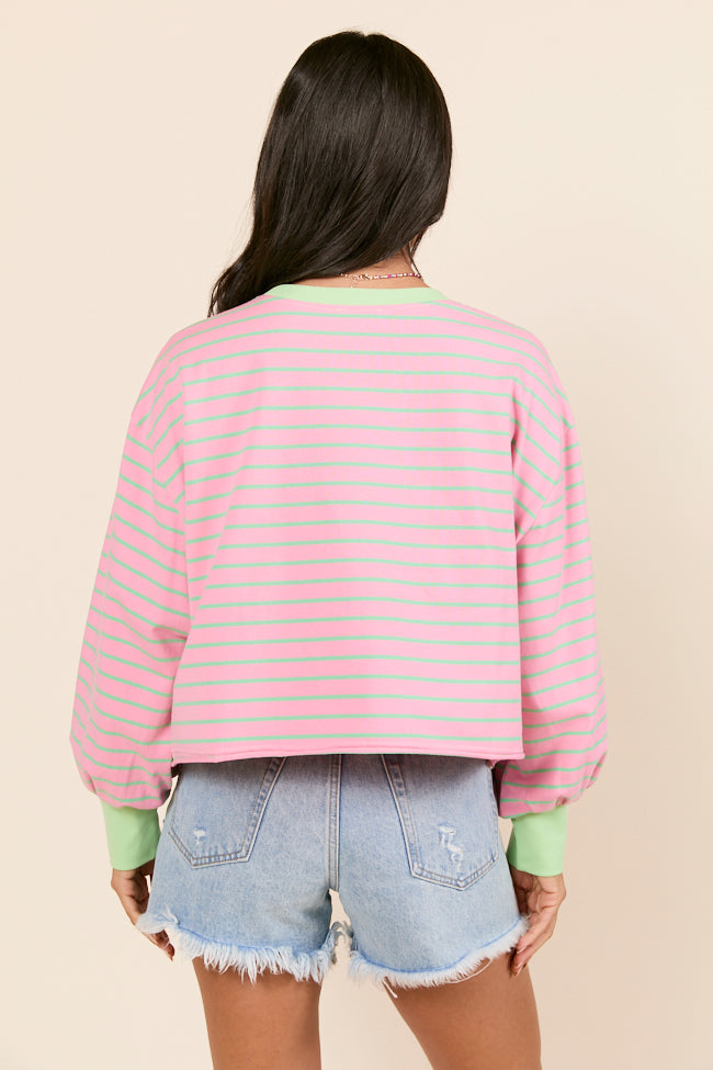 Susanna Long Sleeve Pink and Green Stripe Knit Tee-Sunny Prom