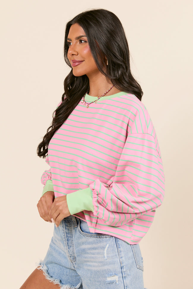Susanna Long Sleeve Pink and Green Stripe Knit Tee-Sunny Prom