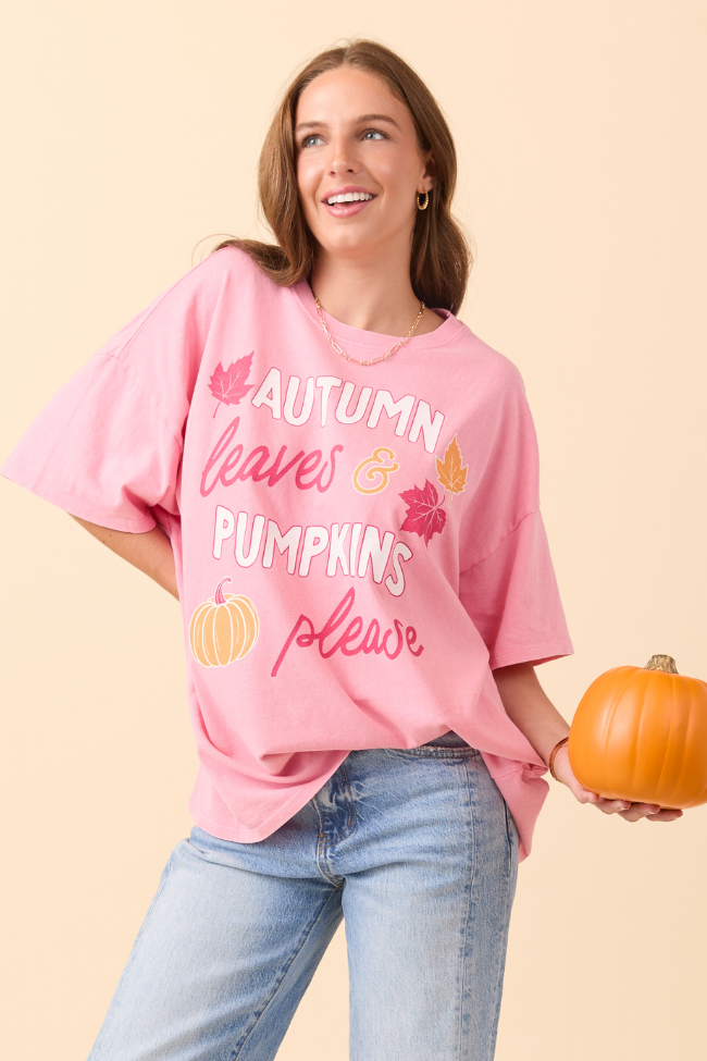 Autumn Leaves & Pumpkins Please Taffy Pink Oversized Graphic Tee SALE-Sunny Prom