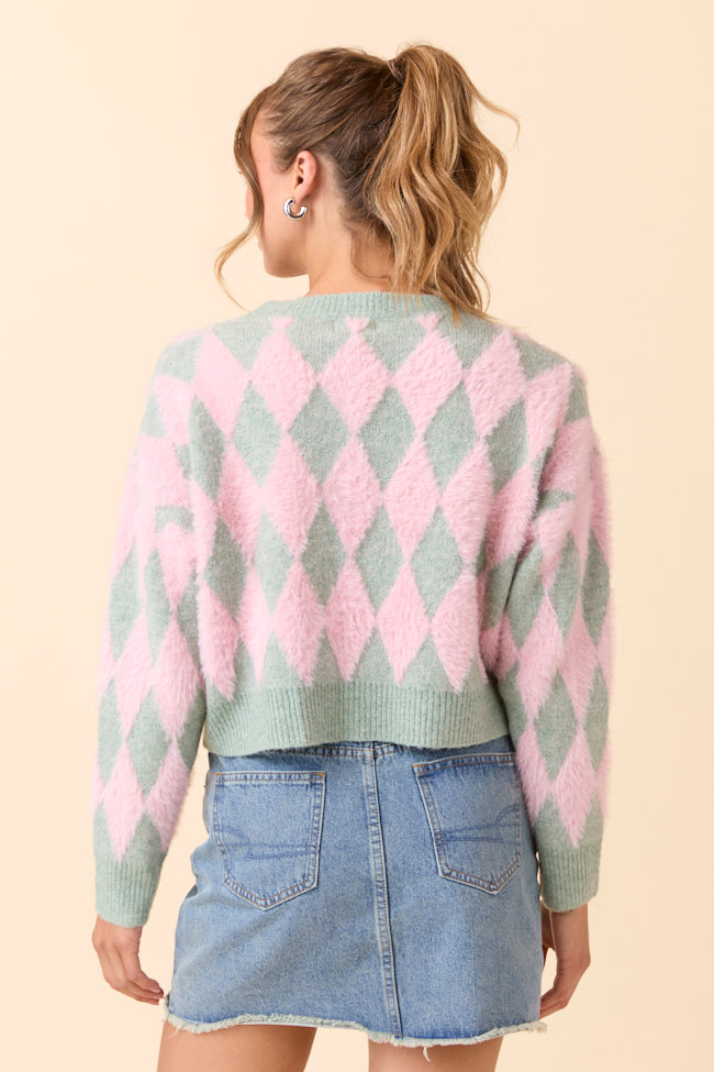 Peyton Long Sleeve Pink and Mint Argyle Cardigan-Sunny Prom