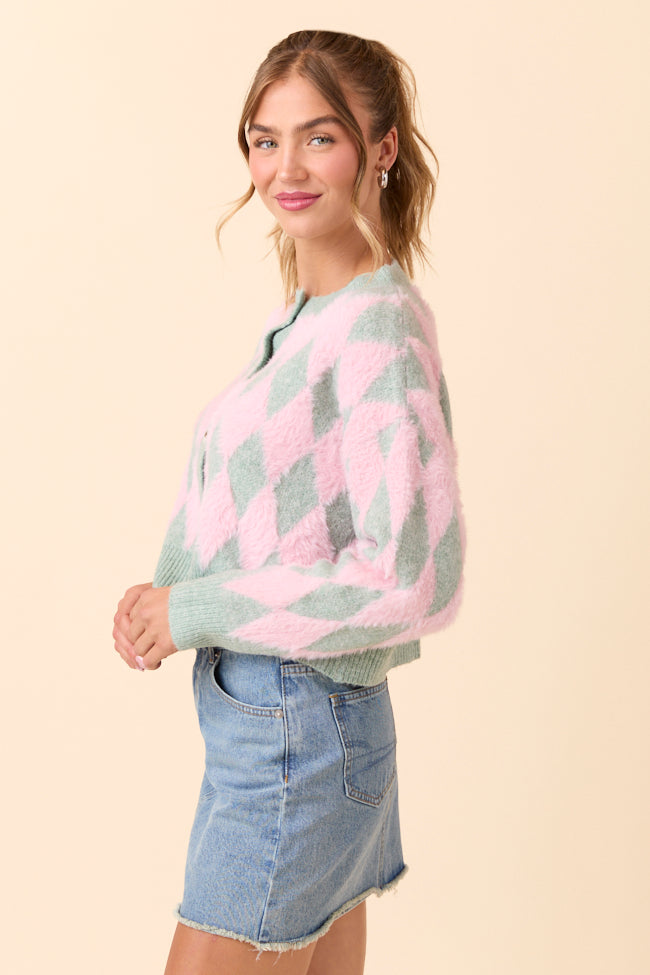 Peyton Long Sleeve Pink and Mint Argyle Cardigan-Sunny Prom