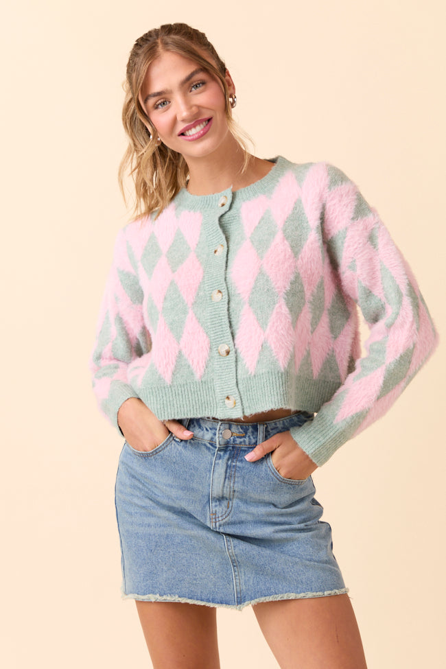 Peyton Long Sleeve Pink and Mint Argyle Cardigan-Sunny Prom