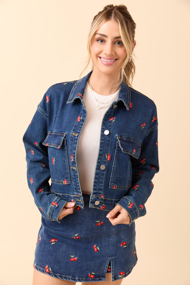 My Favorite Cherry Embroidered Stretch Denim Jacket-Sunny Prom