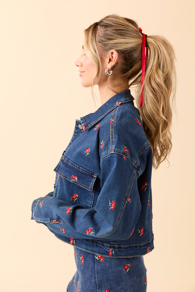 My Favorite Cherry Embroidered Stretch Denim Jacket-Sunny Prom