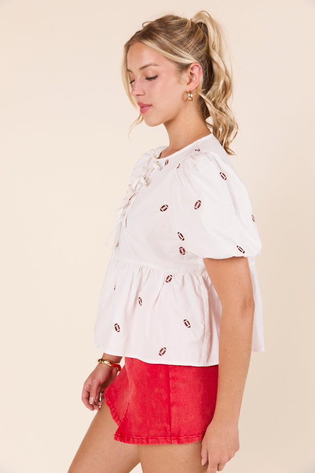 Angela Short Sleeve White Embroidered Football Peplum Top-Sunny Prom