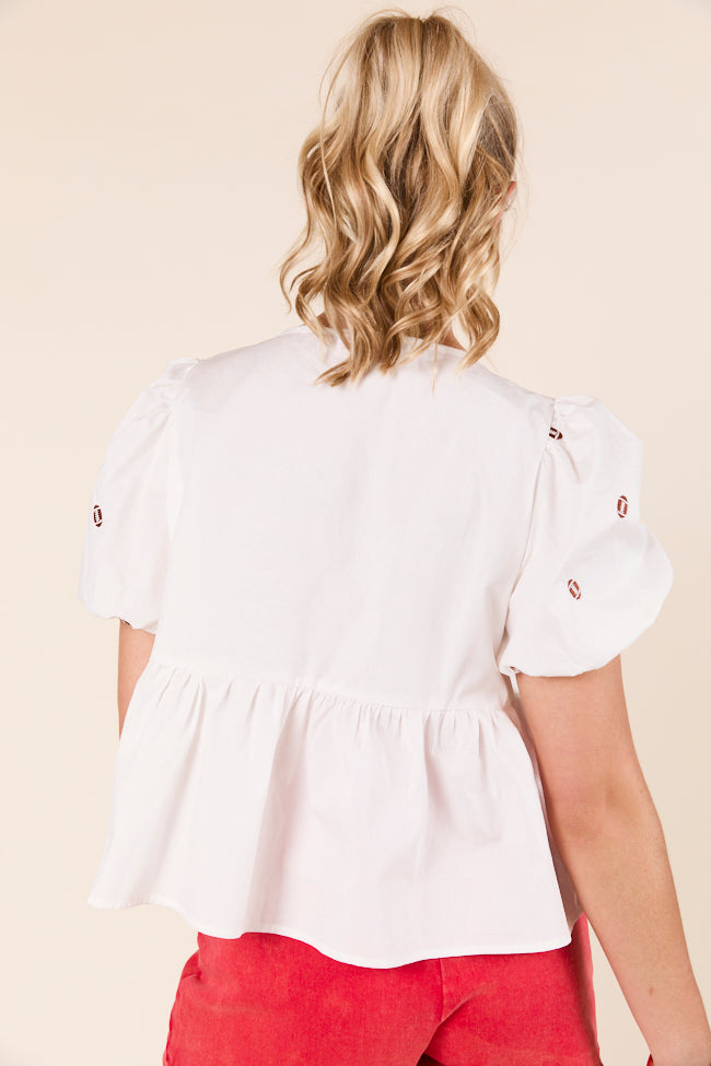 Angela Short Sleeve White Embroidered Football Peplum Top-Sunny Prom