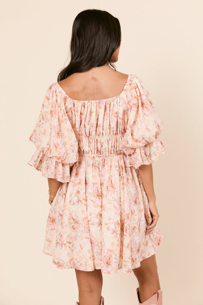 Misty Pink Floral Ruffle Sleeve Printed Dress-Sunny Prom