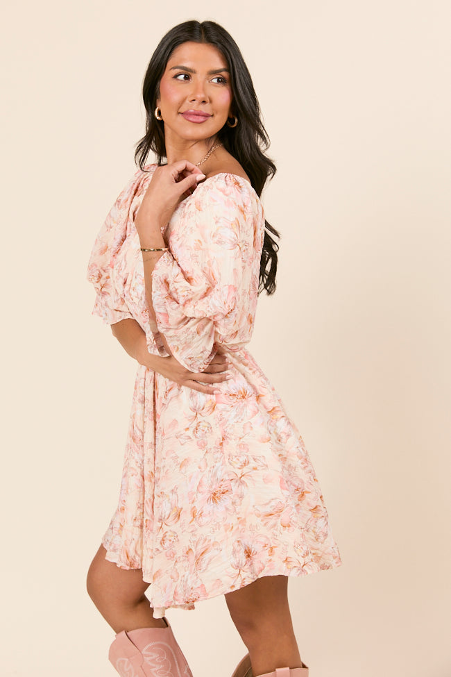 Misty Pink Floral Ruffle Sleeve Printed Dress-Sunny Prom