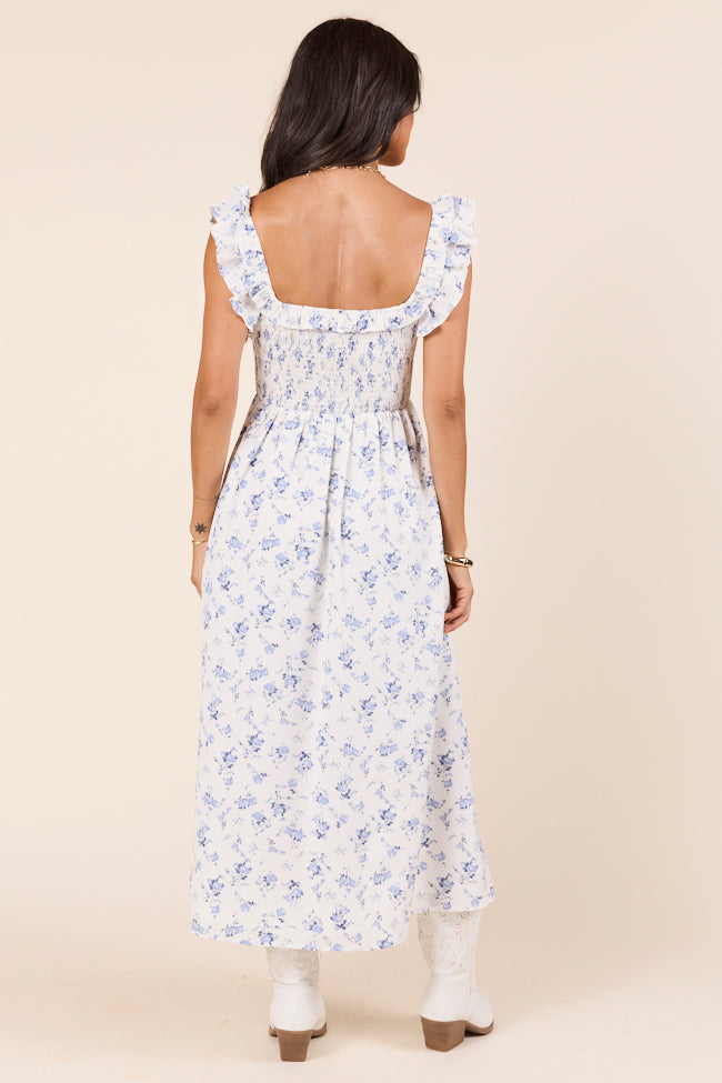 Lizzy Ruffle Smocked Top Blue Floral Maxi Dress-Sunny Prom