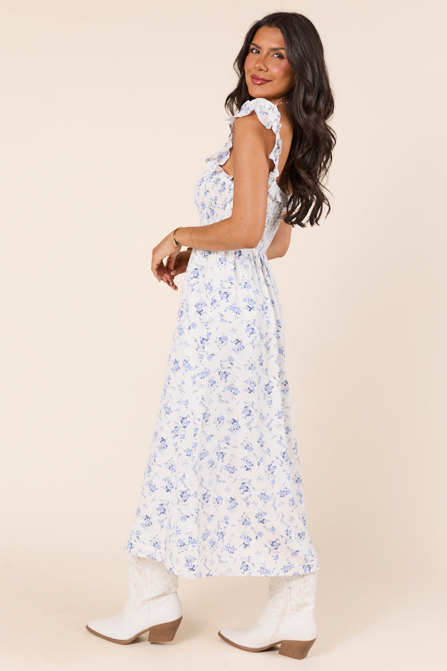 Lizzy Ruffle Smocked Top Blue Floral Maxi Dress-Sunny Prom