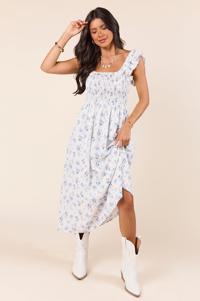 Lizzy Ruffle Smocked Top Blue Floral Maxi Dress-Sunny Prom