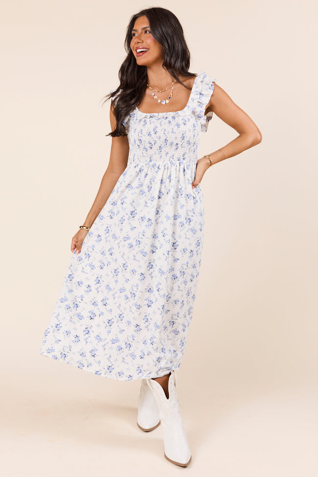 Lizzy Ruffle Smocked Top Blue Floral Maxi Dress-Sunny Prom