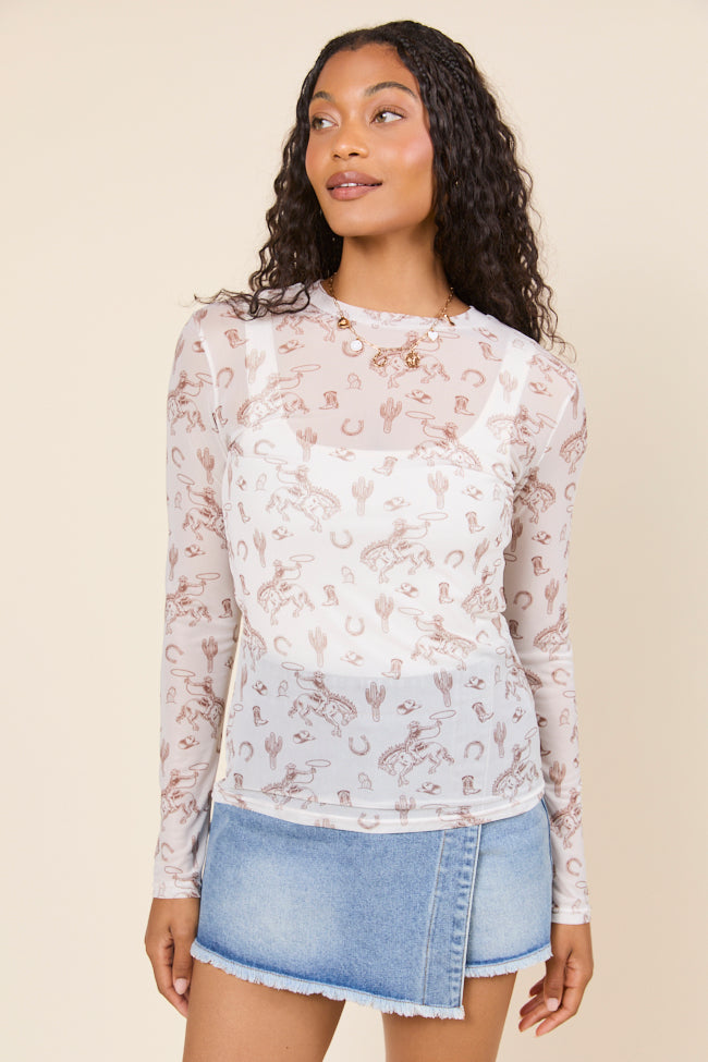 Darlene Long Sleeve White Rodeo Mesh Crewneck Top-Sunny Prom