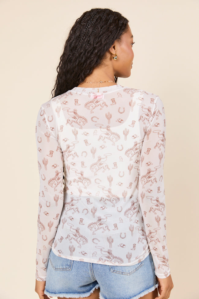 Darlene Long Sleeve White Rodeo Mesh Crewneck Top-Sunny Prom