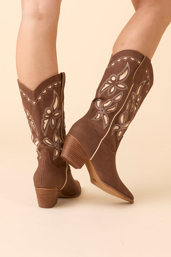 Zinnia Brown Cutout Cowboy Boots-Sunny Prom
