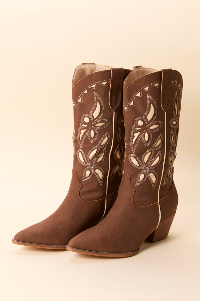 Zinnia Brown Cutout Cowboy Boots-Sunny Prom