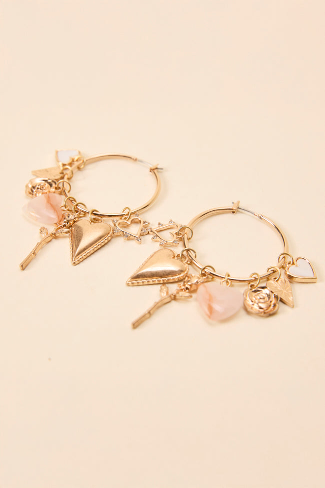 Lacy Gold Heart Charm Hoop Earrings-Sunny Prom