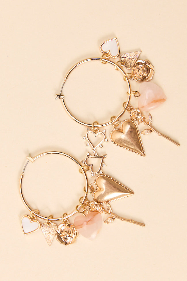 Lacy Gold Heart Charm Hoop Earrings-Sunny Prom