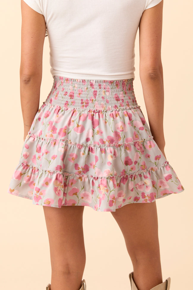 Through the Garden Pale Blue Pink Flower Print Skort-Sunny Prom