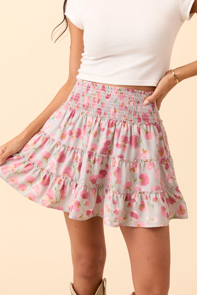 Through the Garden Pale Blue Pink Flower Print Skort-Sunny Prom