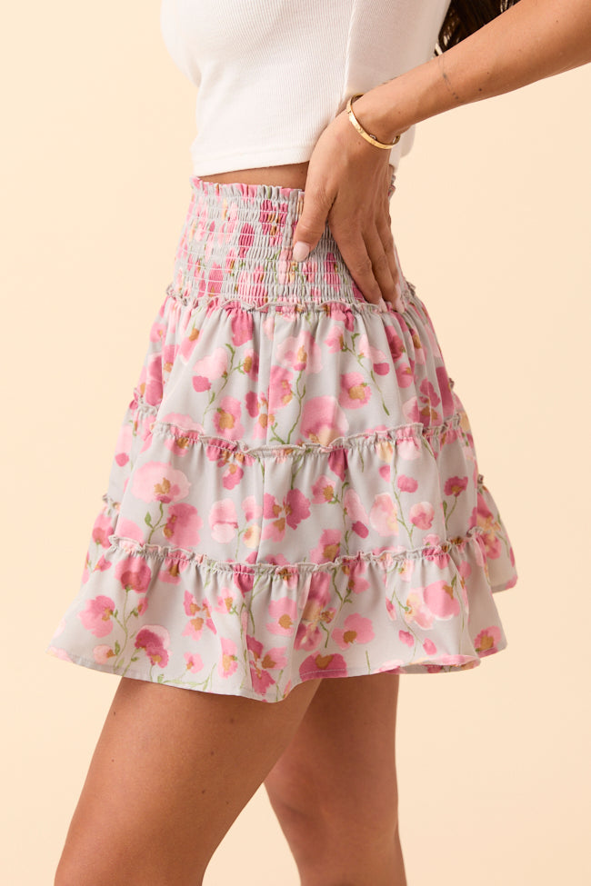 Through the Garden Pale Blue Pink Flower Print Skort-Sunny Prom