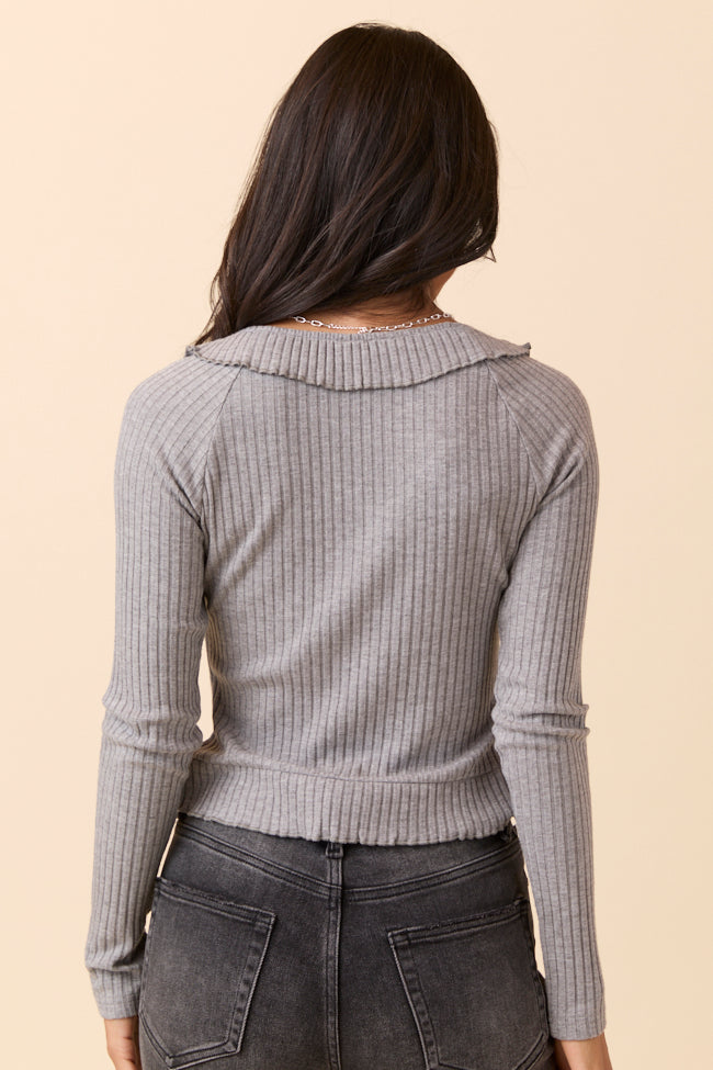 Linda Grey Ruffled Neckline Long Sleeve Knit Top-Sunny Prom