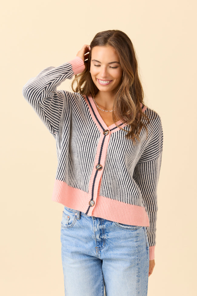Alma Textured Navy Striped Knit Cardigan-Sunny Prom